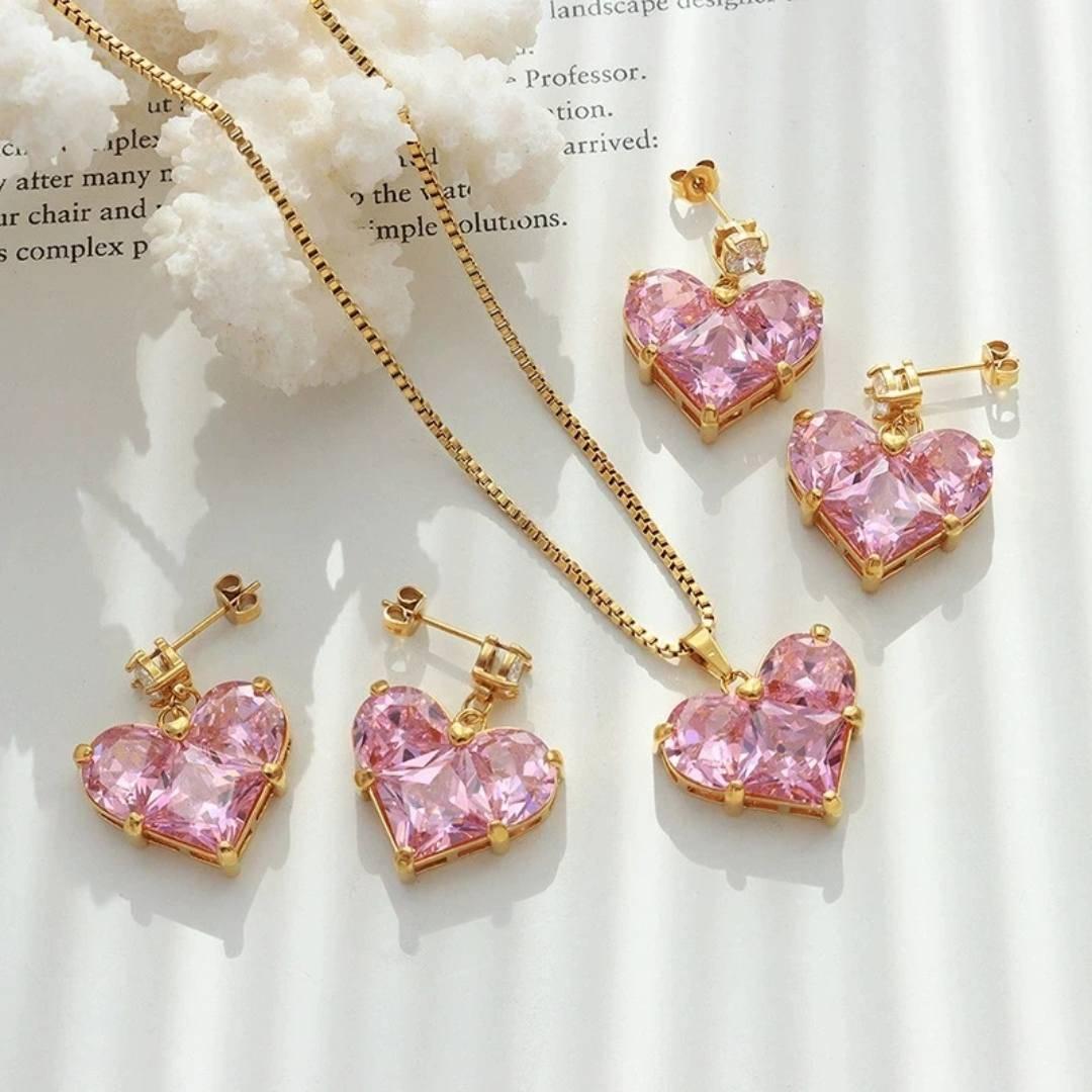 Aretes corazon rosado circonia imagen 2