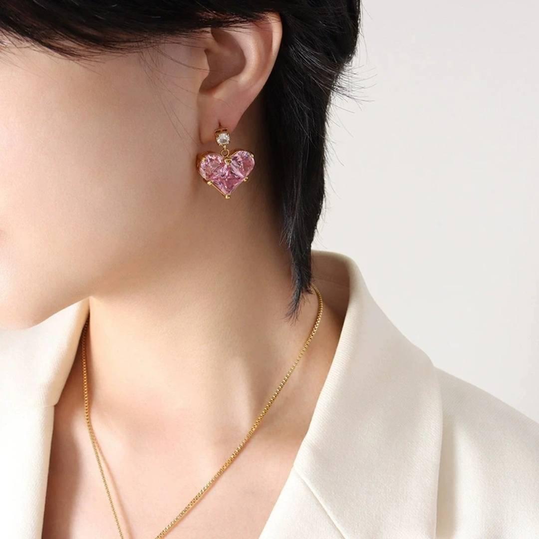 Aretes corazon rosado circonia